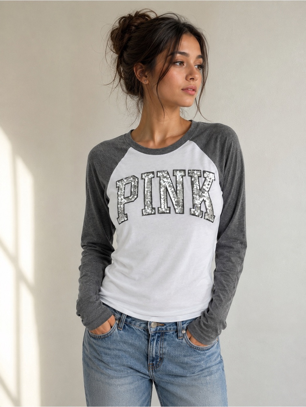 Victoria’s Secret PINK Sequin Raglan Long Sleeve Top – Gray & White XS